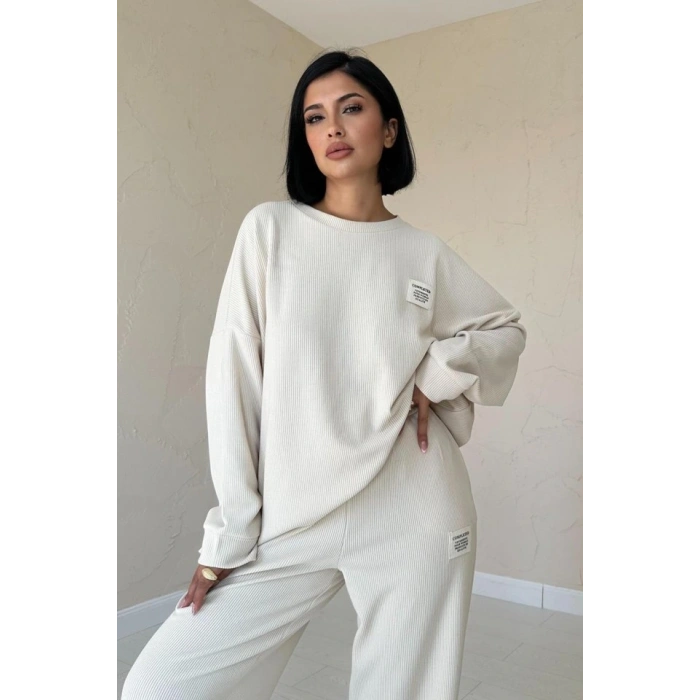 Bej Klasik Fitilli Kazak Ve Pantolon Takım