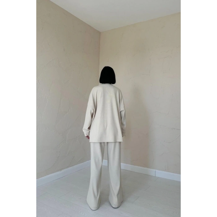 Bej Klasik Fitilli Kazak Ve Pantolon Takım