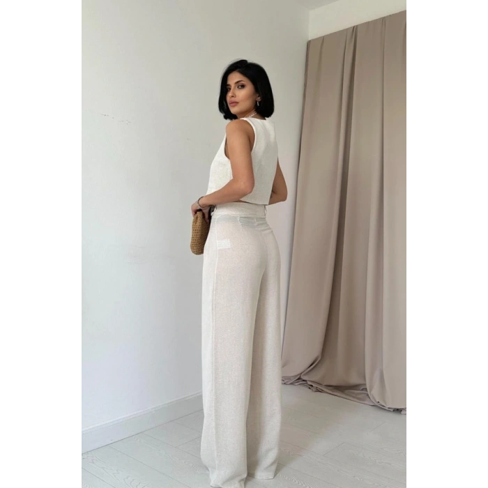 Bej Önü Düğmeli Yelek Ve Pantolon Takım