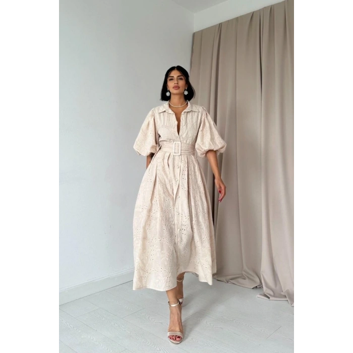 Bej Pileli Balkon Elbise