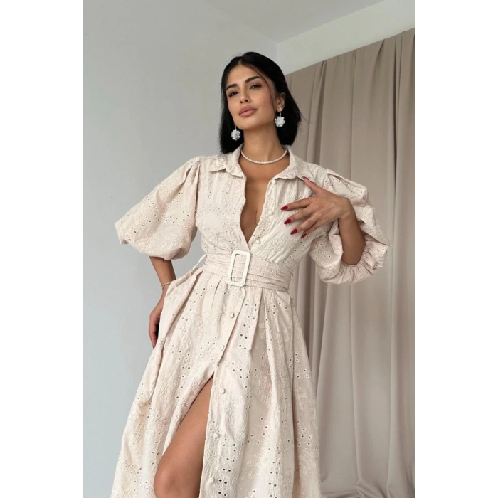 Bej Pileli Balkon Elbise