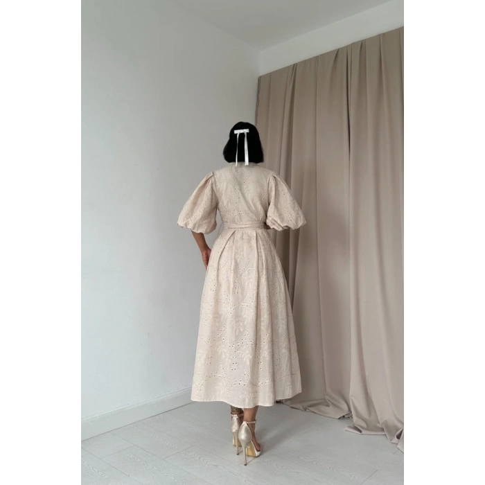 Bej Pileli Balkon Elbise