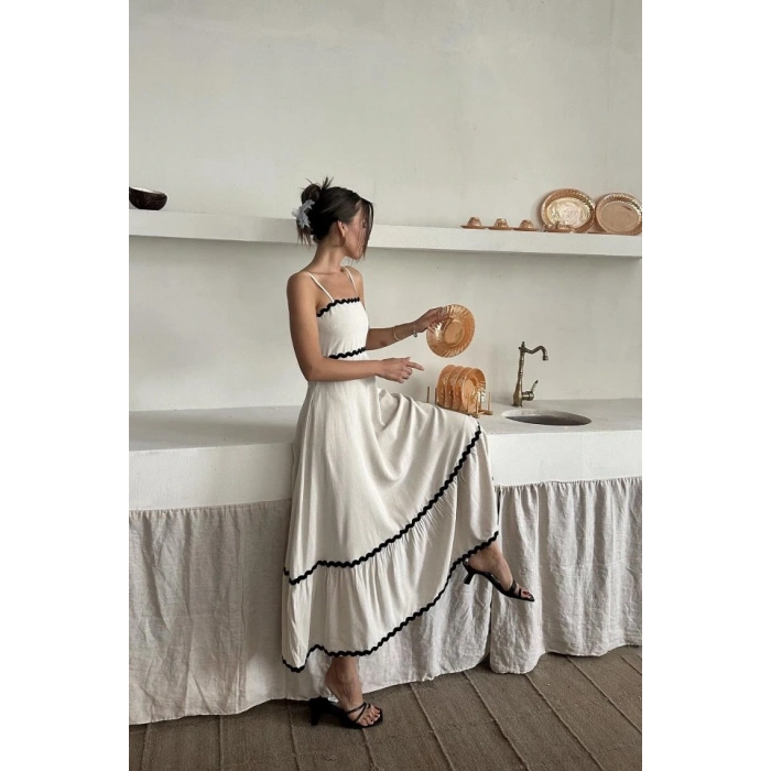 Bej Şerit Detay Keten Elbise