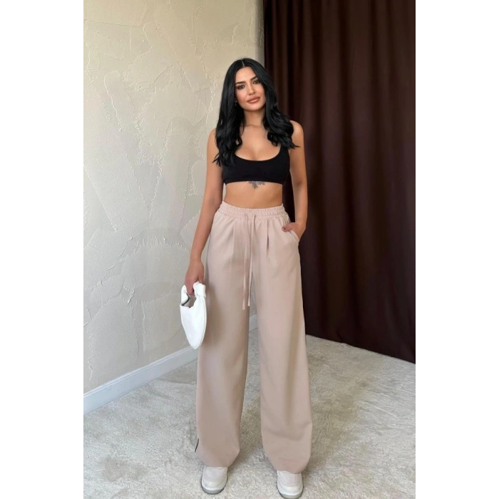 Bej Yanları Şeritli Pantolon
