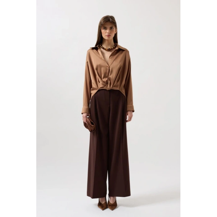 Bel Büzgülü Crop Saten Gömlek