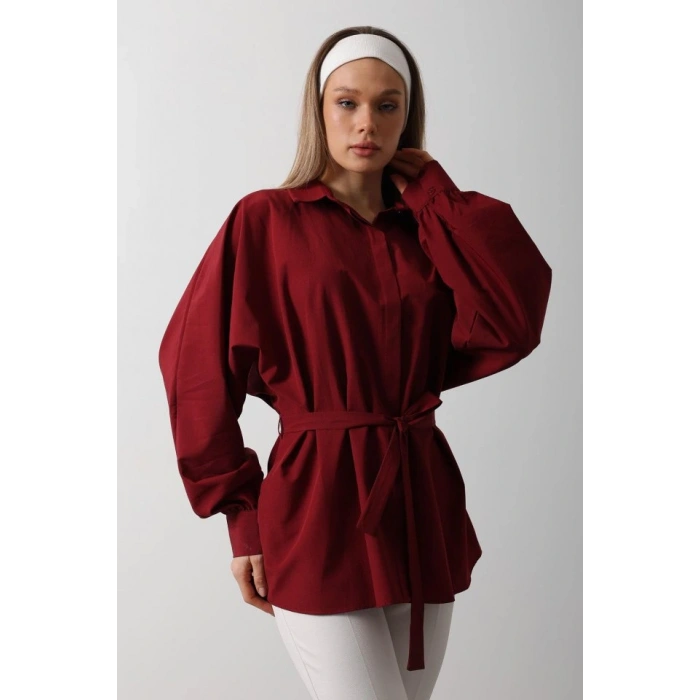 Bel Detaylı Gömlek - Bordo