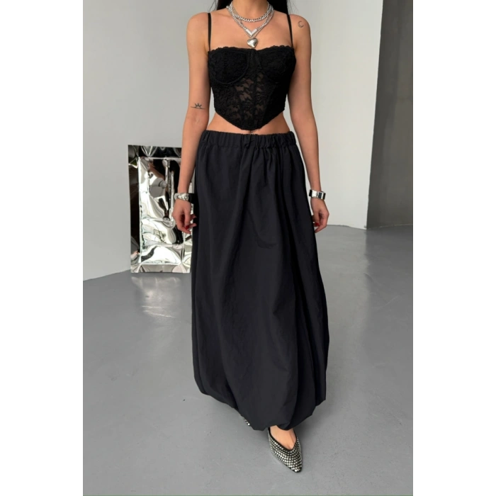 BEL LASTİKLİ BALON ETEK ŞANEL BOY SOFT KUMAŞ - Siyah