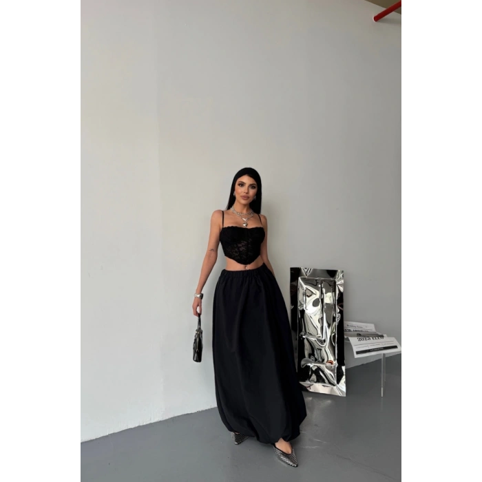 BEL LASTİKLİ BALON ETEK ŞANEL BOY SOFT KUMAŞ - Siyah