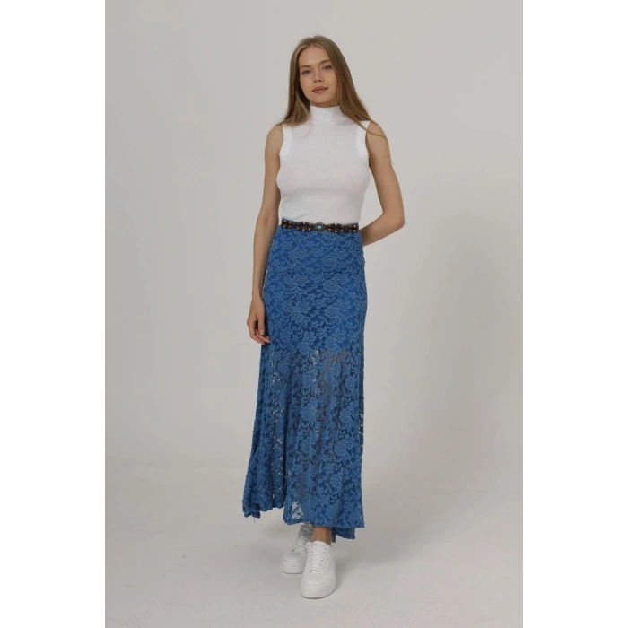 Bel Lastikli Dantel Etek - Mavi