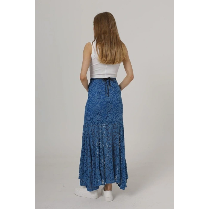 Bel Lastikli Dantel Etek - Mavi