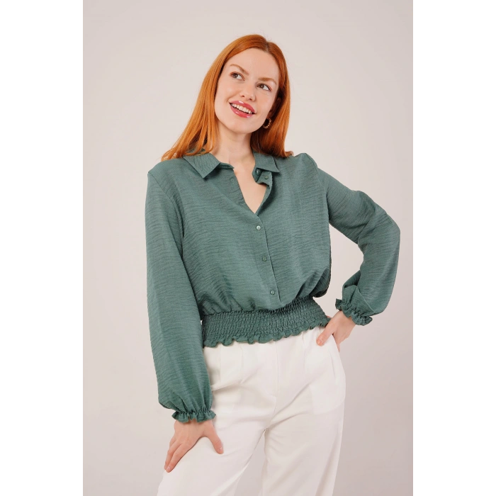 Bel Ve Bilek Lastikli Zümrüt Yeşili Bluz