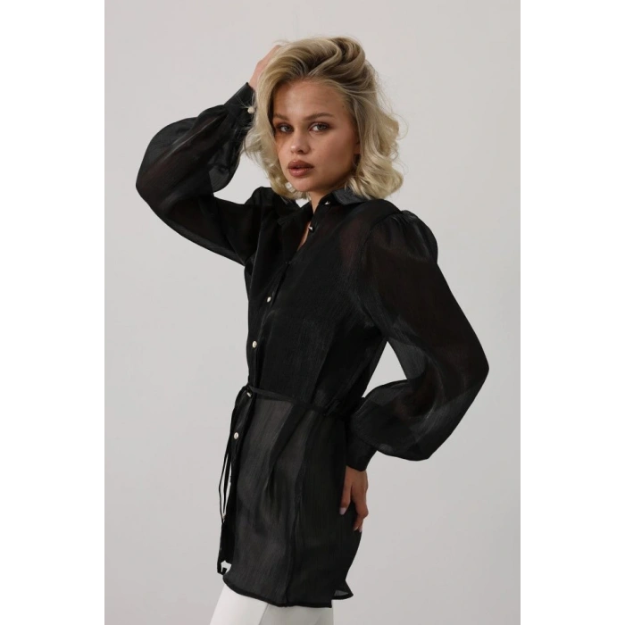 Belden Bağlamalı Uzun Kol Gömlek - Siyah