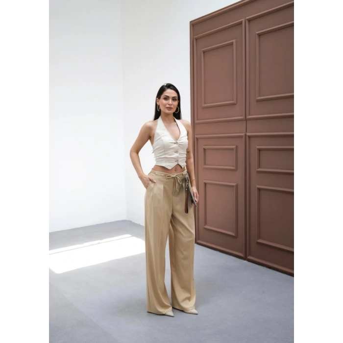 Beli̇ Lasti̇k Ve Bağcikli Geni̇ş Paça Pantolon