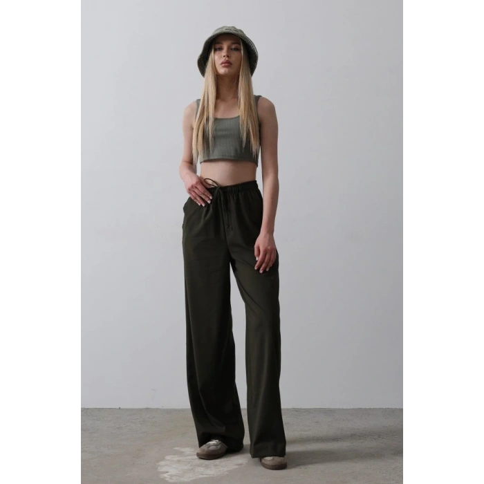 Beli Lastikli Bol Paça Pantolon - Koyu Haki