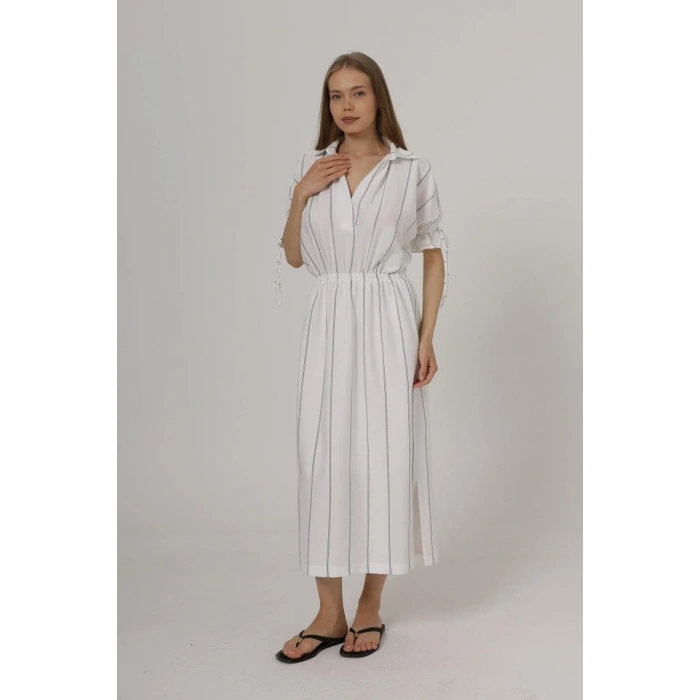 Beli Lastikli Elbise - Beyaz