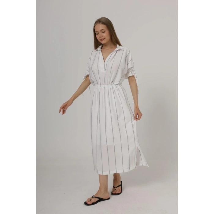 Beli Lastikli Elbise - Beyaz