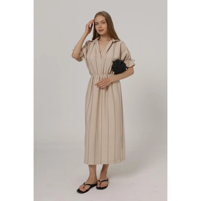 Beli Lastikli Elbise - Taş