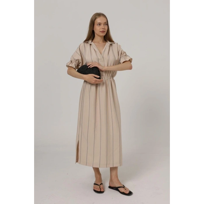 Beli Lastikli Elbise - Taş