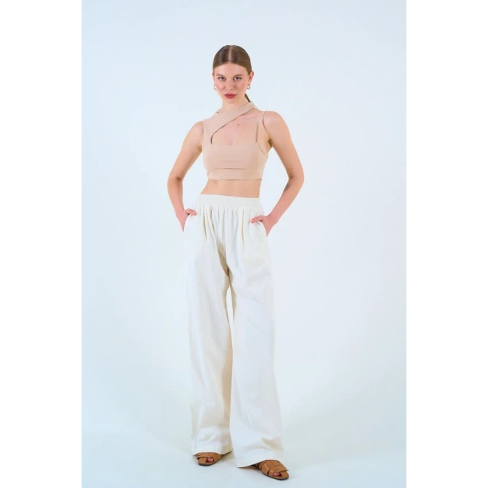 Beli Lastikli Palazo Pantolon - Taş