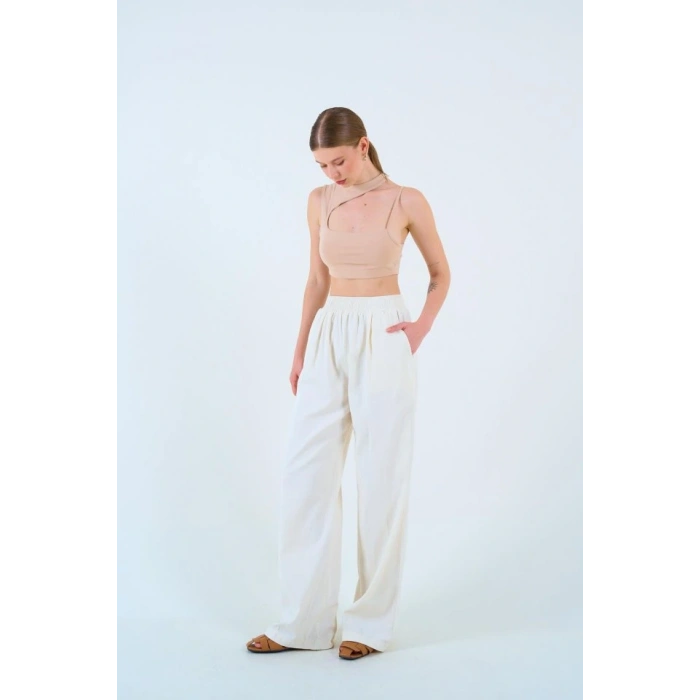 Beli Lastikli Palazo Pantolon - Taş