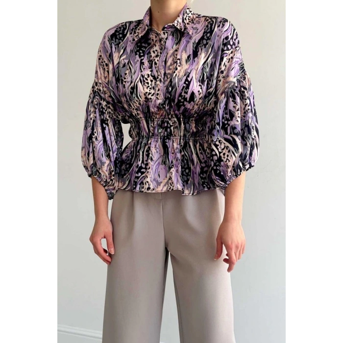 Beli Lastikli Saten Gömlek - Lila