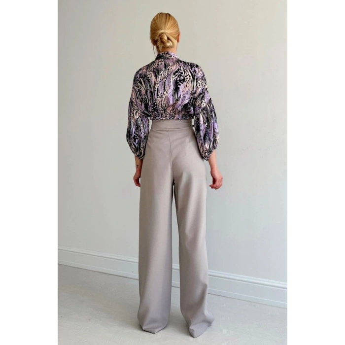 Beli Lastikli Saten Gömlek - Lila