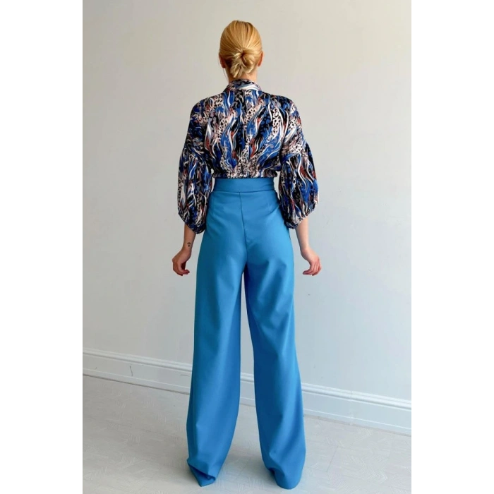 Beli Lastikli Saten Gömlek - Mavi