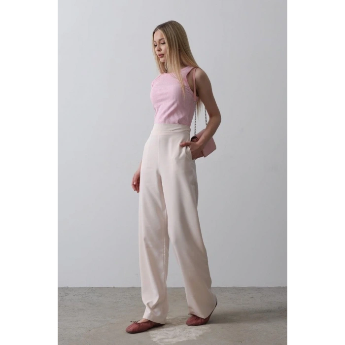 Beli Yarım Lastikli Palazzo Pantolon - Pudra