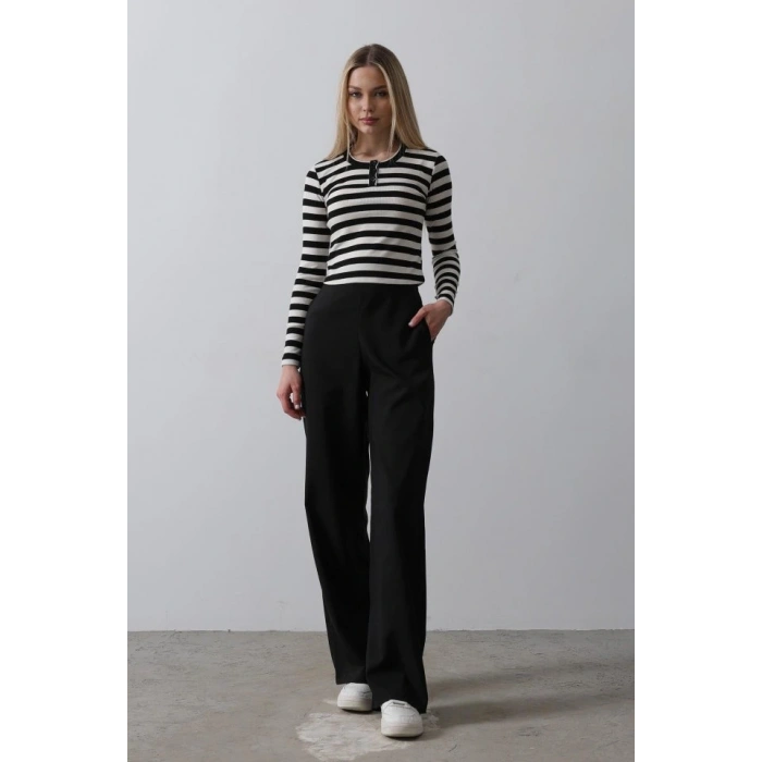 Beli Yarım Lastikli Palazzo Pantolon - Siyah