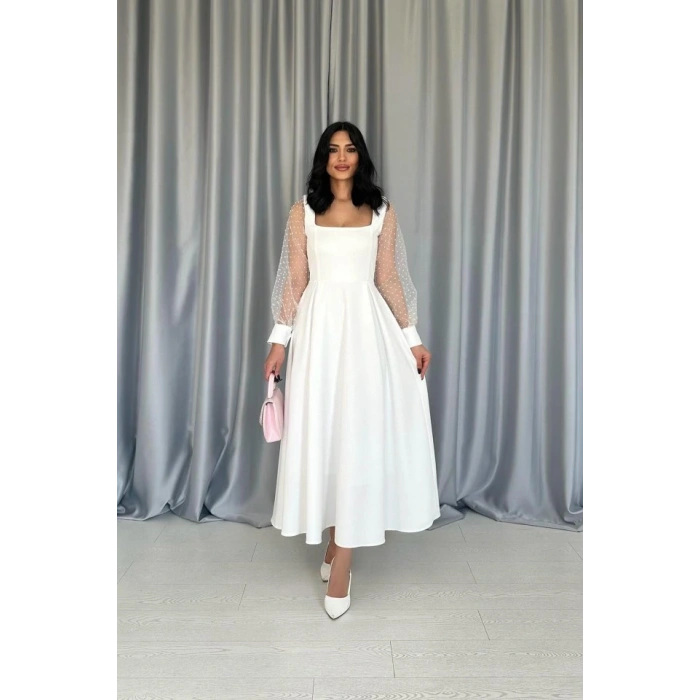 Beyaz Kolları Organze Kuplu Elbise