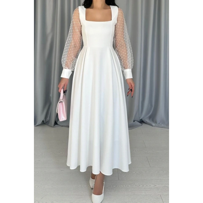 Beyaz Kolları Organze Kuplu Elbise