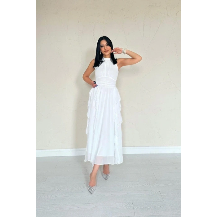 Beyaz Önü Büzgülü Fırfırlı Elbise