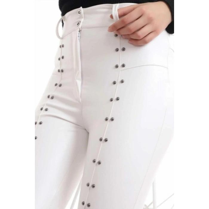 Beyaz Taş İşlemeli Deri Tayt