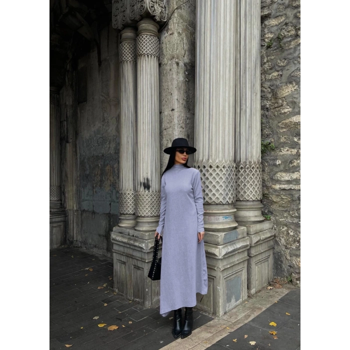 Boğazlı kalın bürümcük uzun elbise gri