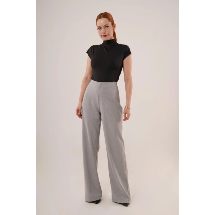 Bol Paça Yandan Fermuarlı Gri Kumaş Pantolon