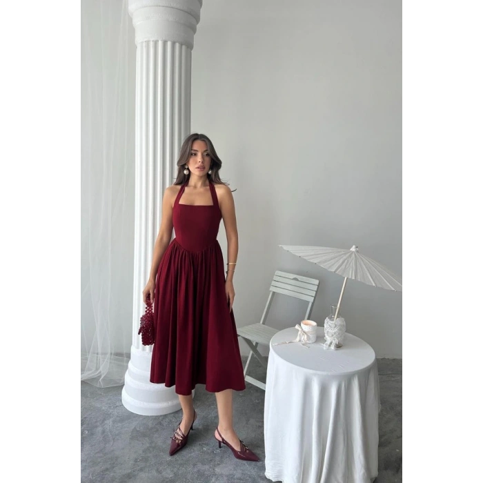 Bordo Boyundan Bağlamalı Keten Elbise