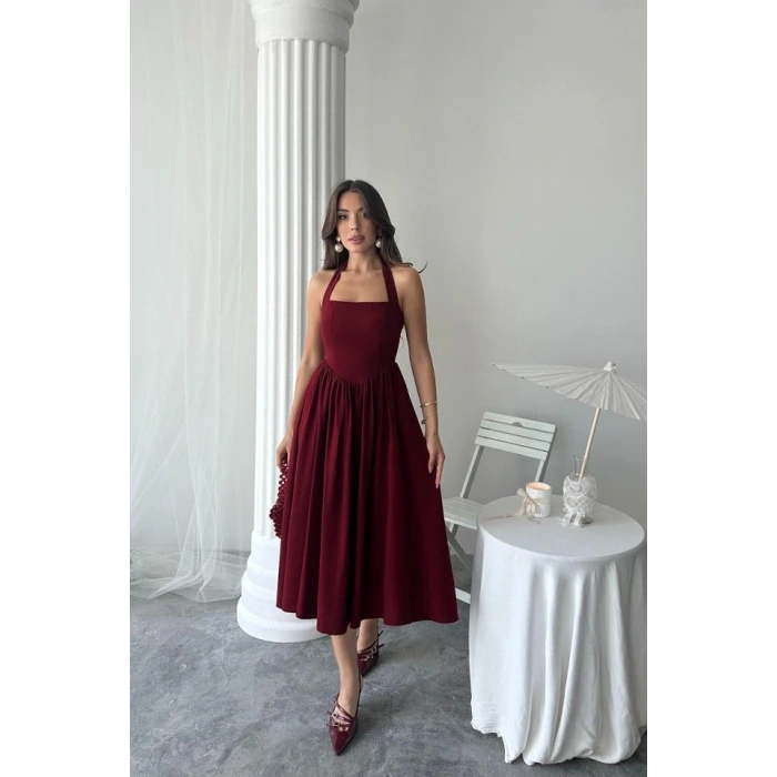 Bordo Boyundan Bağlamalı Keten Elbise