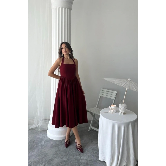 Bordo Boyundan Bağlamalı Keten Elbise