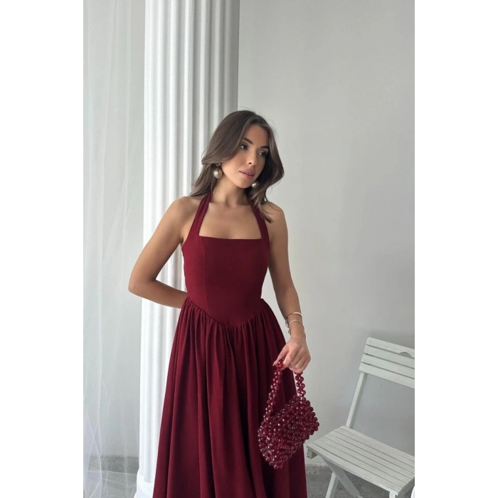 Bordo Boyundan Bağlamalı Keten Elbise