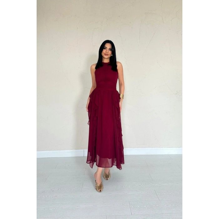 Bordo Önü Büzgülü Fırfırlı Elbise