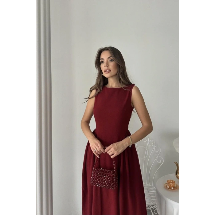 Bordo Yanları Büzgülü Midi Boy Keten Elbise