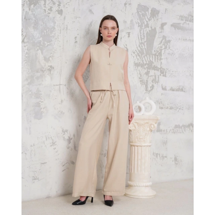 Broşlu yelek pantolon takım bej s255821