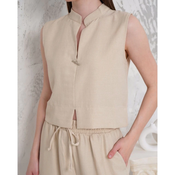 Broşlu yelek pantolon takım bej s255821