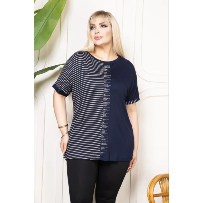 Büyük Beden Taş Detaylı Çizgili Viskon Tişört Bisiklet Yaka Rahat Kesim - Lacivert