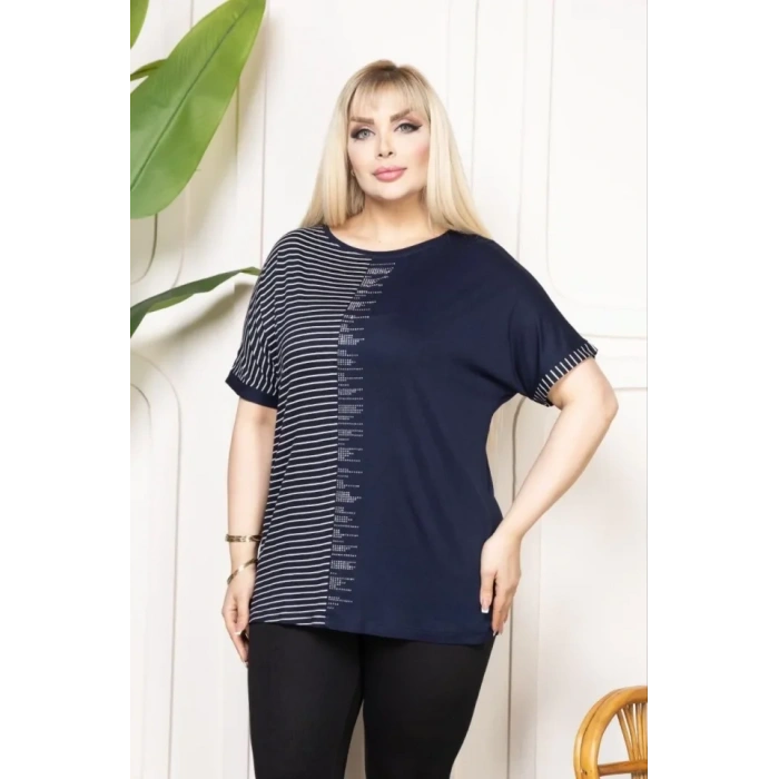 Büyük Beden Taş Detaylı Çizgili Viskon Tişört Bisiklet Yaka Rahat Kesim - Lacivert