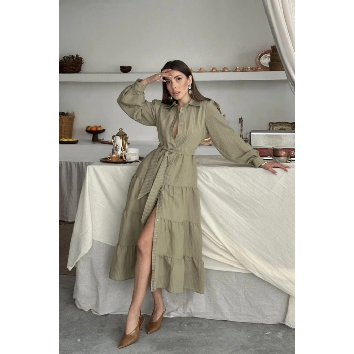 Çağla Çizgi Desenli Uzun Elbise