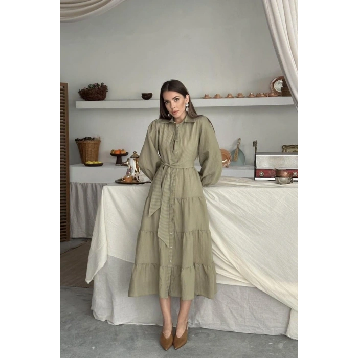 Çağla Çizgi Desenli Uzun Elbise