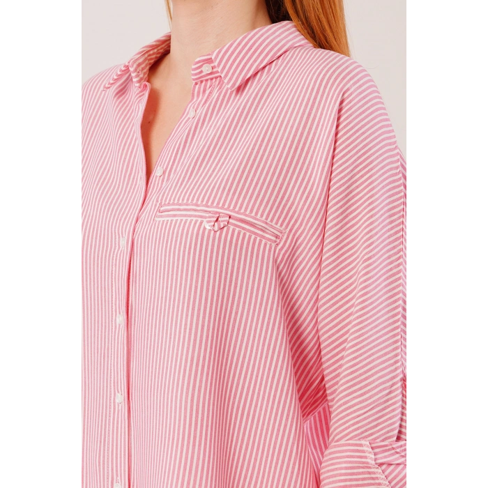 Cep Detay Çizgili Oversize Pembe Gömlek