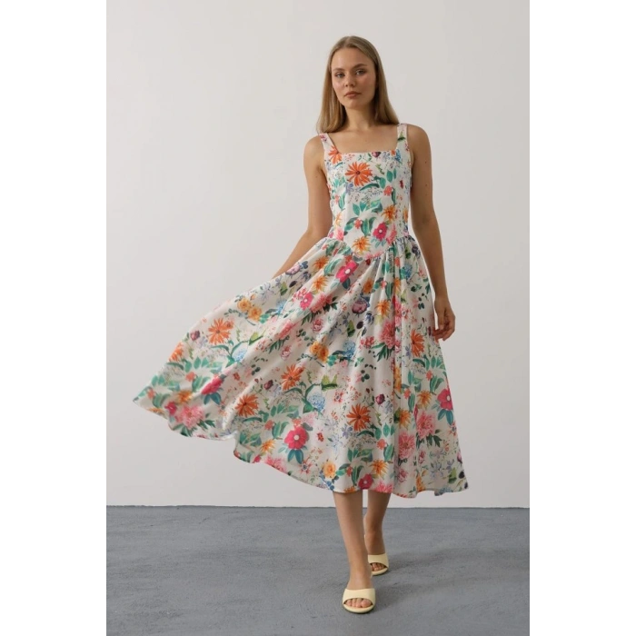 Çiçek Desenli Askılı Elbise - Pembe Çiçek