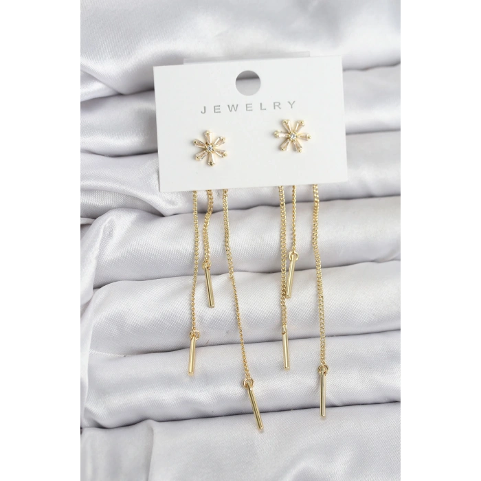 Çiçek Model Gold Pirinç Sallantılı Kadın Küpe